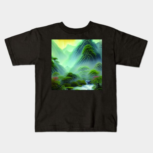 Digital Painting Scene Of a Lake Between Many Colorful Plants, Amazing Nature Kids T-Shirt by Promen Art